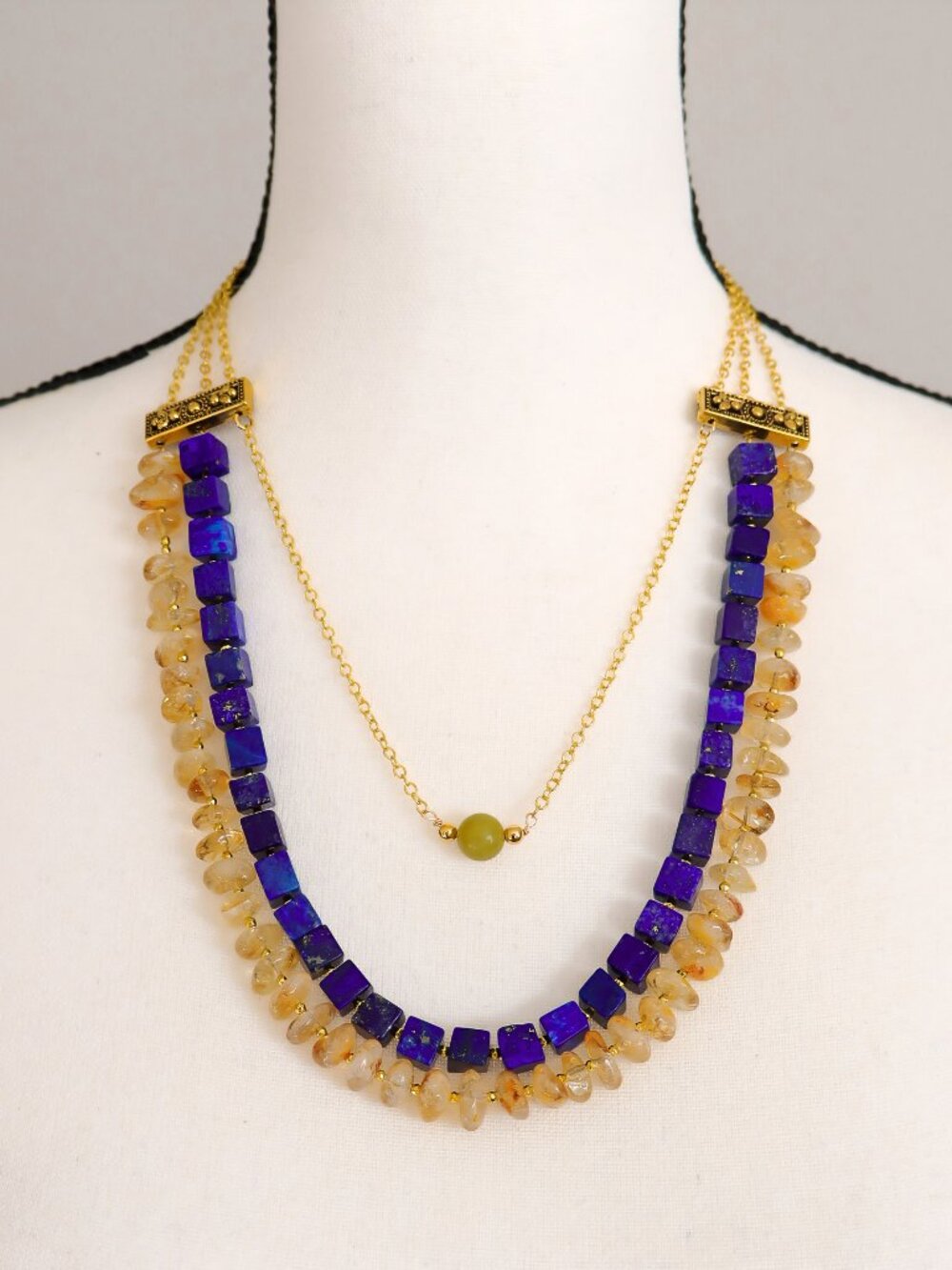 Lapis, Citrine & Olive Jade Statement Necklace - Picture 5 of 6
